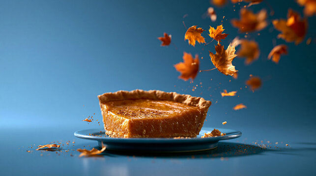 Pumpkin Pie Slice with Autumn Leaves on Blue Background