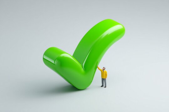 Isometric view of a large glossy green check mark with a tiny figure beside it, approval and success concept, 3D illustration