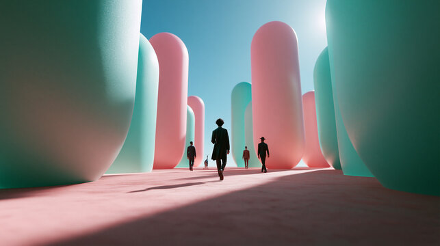 Business Figures Walking Through Surreal Futuristic Pillar Landscape
