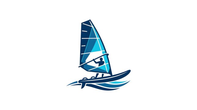 Minimalist windsurfing logo illustration with a sail and board on ocean waves