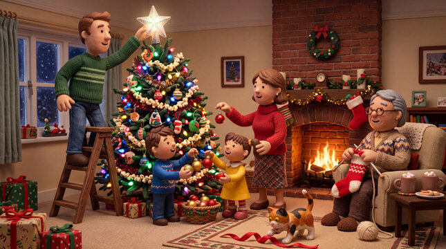 Claymation Style Family Decorating Christmas Tree by Fireplace