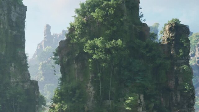 A tall rock formation surrounded by trees and plants. It is daylight and the greenery covers the rocks. The area is part of a landscape with cliffs in the background.