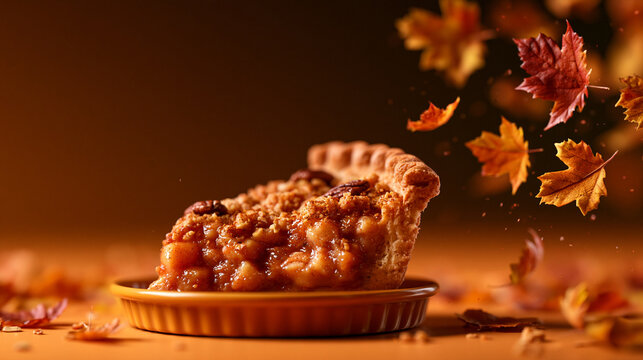 Slice of Apple Pie with Falling Autumn Leaves