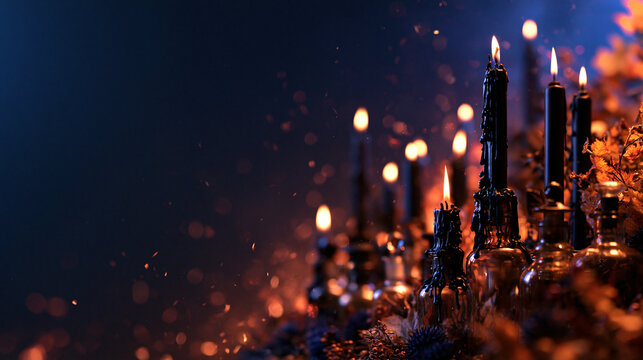 Lit Black Candles and Potion Bottles in Mystical Atmosphere