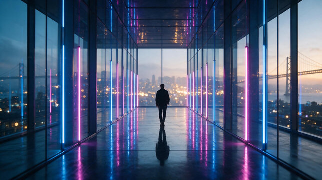 Man Walking Through Futuristic Illuminated Glass Corridor at Night