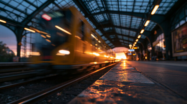Yellow Train in Motion at Railway Station During Sunset
