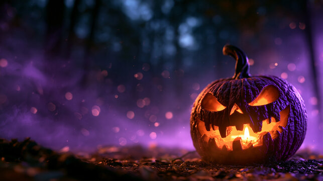 Glowing Halloween Jack-o'-Lantern in Spooky Dark Forest