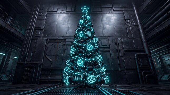 Futuristic Christmas Tree Glowing in Sci-Fi Industrial Room