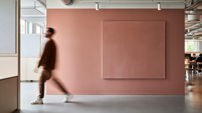Modern Office Interior with Blank Mockup Wall and Walking Person