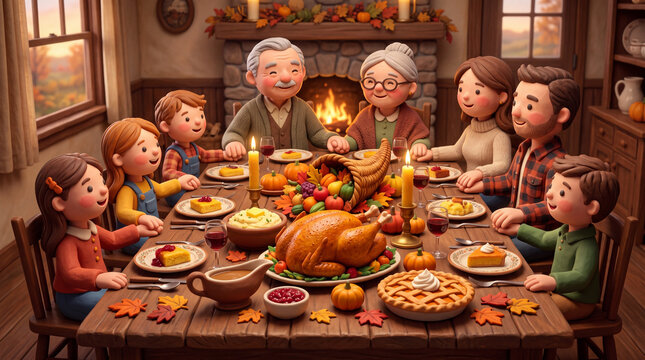 Multigenerational Family Praying at Thanksgiving Dinner Table
