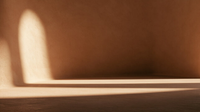 Empty Minimal Terracotta Room with Sunlight and Shadow