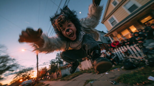 Boy in Werewolf Costume Jumping Outdoors at Halloween Dusk