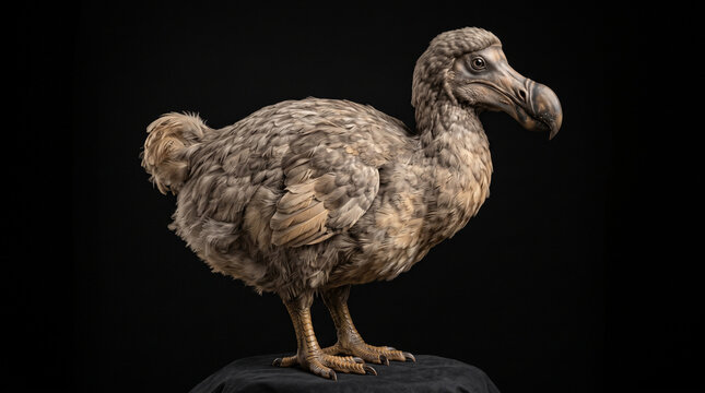 A full body view of a dodo bird standing in profile against a black background with brown feathers hooked beak stands profile paleontology flightless scientific