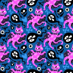 Fototapeta premium Halloween animals seamless cats pattern for wrapping paper and fabrics and linens and kids clothes print