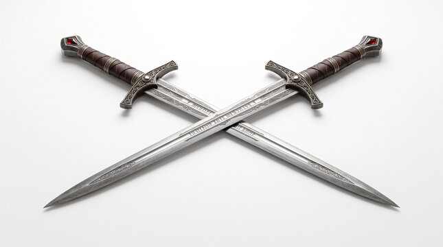 Two ornate medieval fantasy swords crossed on a clean white studio background for display with Two decorative metal swords leather wrapped handles engraved blades lie crossed white surface