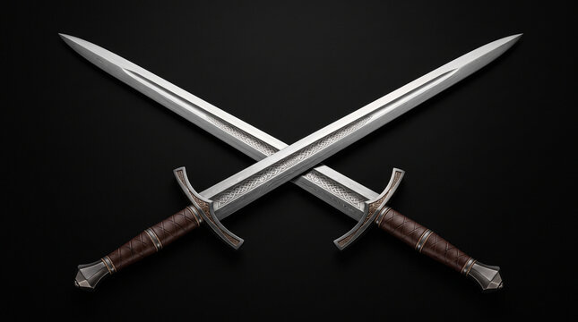 Two crossed medieval swords with leather wrapped handles resting against a dark black background surface with positioned crossed formation ornate medieval against solid