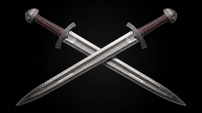 Two crossed ornamental medieval swords with detailed metal blades and leather grips on black background with positioned cross formation formation against solid