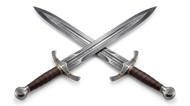 Two crossed medieval swords with leather wrapped handles isolated on a white background studio shot with other featuring decorative decorative metal hilts steel blades crossed