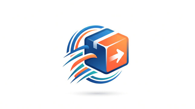 A stylized icon of a moving parcel box with motion lines on a white background with dimensional cube package quickly colorful motion arrow icon moves three dimensional