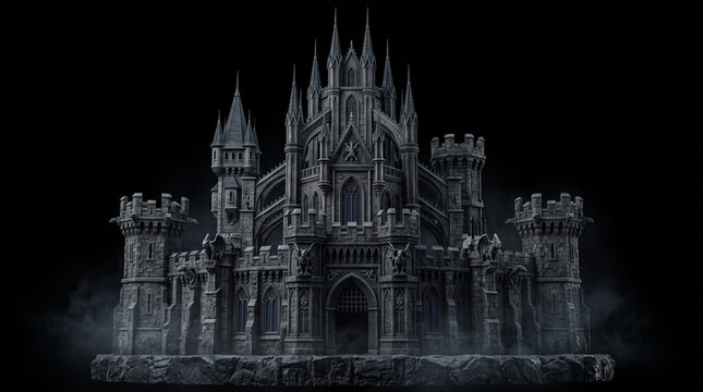 Gothic castle with stone towers and spires isolated against a dark background with ground mist with dark stone castle featuring intricate Gothic architecture towers gargoyles stands rock base