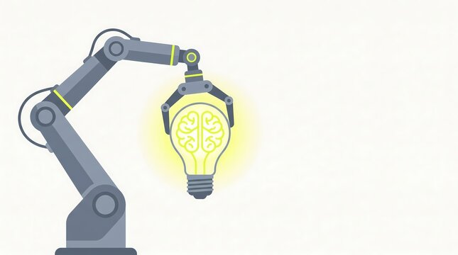 Robotic arm mechanical gripper holding a brain lightbulb in a smart technology innovation concept flat design illustration featuring glowing yellow lights and right copy space area