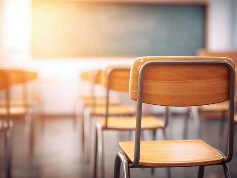 empty classroom with wooden chairs