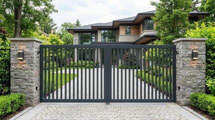 Obraz premium Modern dark grey aluminum gate with vertical slats for a luxury suburb house entrance.