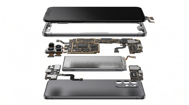 Smartphone components in an exploded view diagram display the internal hardware against a white backdrop.