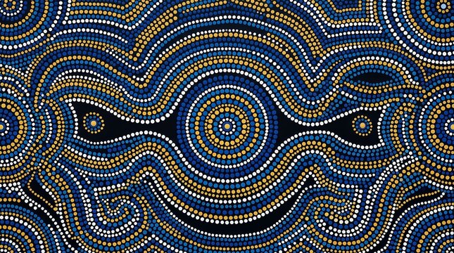 Aboriginal dot painting style abstract artwork with blue, yellow, and white dots.