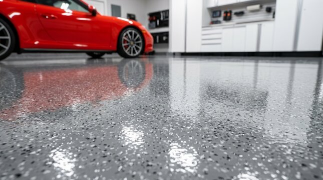 Modern garage interior featuring a beautiful grey epoxy floor with a shiny red car reflection.