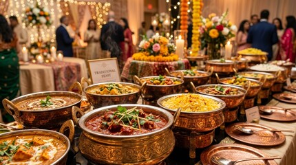 Fototapeta premium Elaborate royal dining setup featuring a delicious destination wedding buffet.