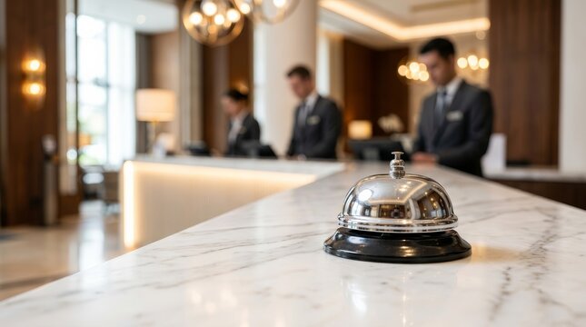 Elegant hotel reception counter with a silver service bell on a marble table.