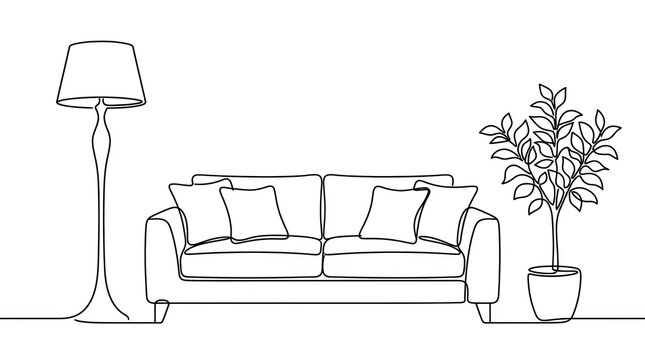 Modern sofa with pillows, lamp, and potted deciduous plant in a single line drawing.