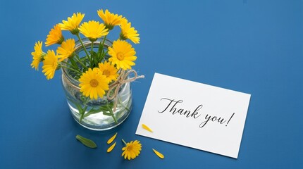 Naklejka premium Top view flat lay of yellow calendula flowers in a glass vase with a thank you note on blue background.