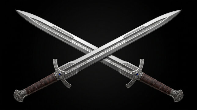 Two ornate crossed steel swords with leather wrapped handles isolated against a solid black background with Two decorative metal swords engraved blades blue gemstone accents positioned X shape
