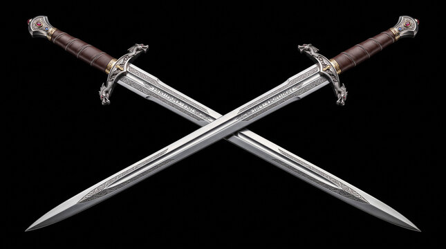Two ornate medieval swords crossed against a plain black background for a sharp design display with grips crossed symmetrically decorative metal swords dragon hilts leather