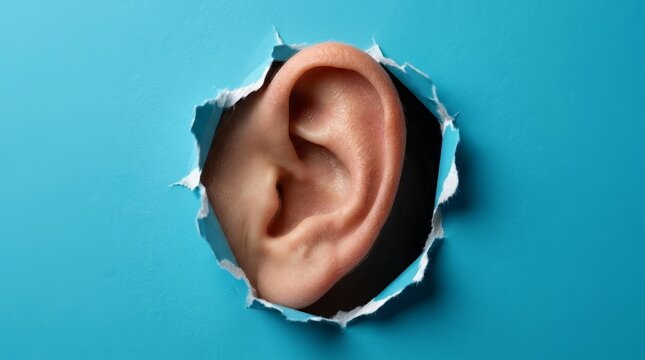 A human ear emerges from torn blue paper as a concept for eavesdropping and spying.