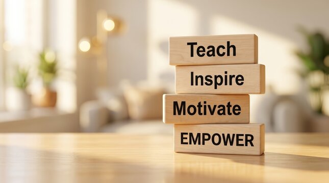 Stack of wooden blocks with the words Teach Inspire Motivate Empower printed on them.