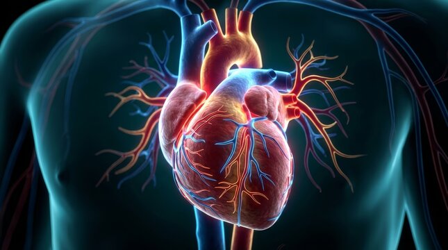 Detailed illustration of the human heart and cardiovascular system with veins.
