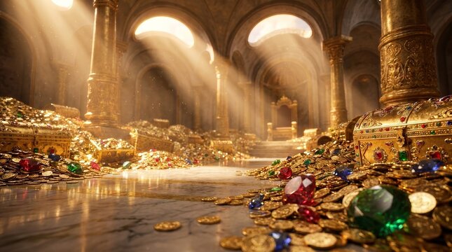 A grand room filled with gold treasures, precious jewels, and luxurious items.