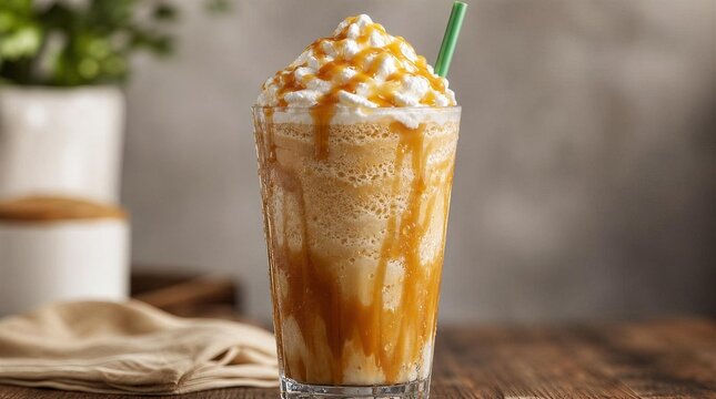 iced caramel frapuccino, Close-up of a decadent chocolate frozen drink in a clear plastic cup with condensation

