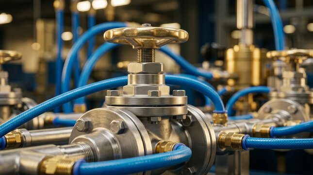 Industrial pneumatic tools and valves connected to a compressed air system.