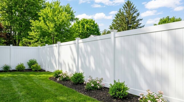 White vinyl fence installation provides privacy and security for a backyard garden.