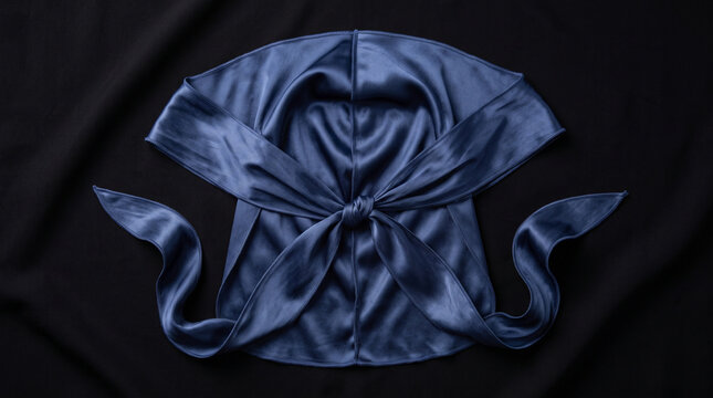 A blue silk durag headwrap tied with a knot displayed flat on a black fabric background with dark fabric surface ties knotted center durag laid maintenance fashionable