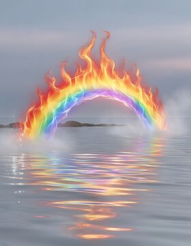 Surreal digital artwork featuring a flaming rainbow arching over a calm ocean surface.