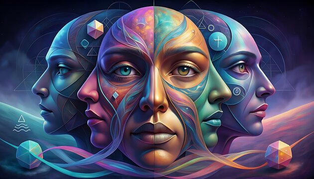 Surreal digital artwork featuring multiple interconnected faces in a cosmic colorful landscape.