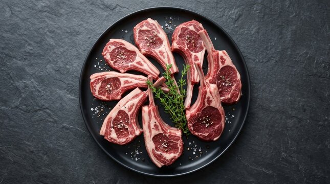 Raw lamb chops and fresh mutton cutlets with ribs on a dark background.