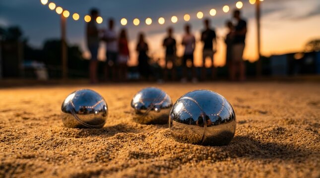 Metal bocce balls rest on a sandy court at a park during dusk.