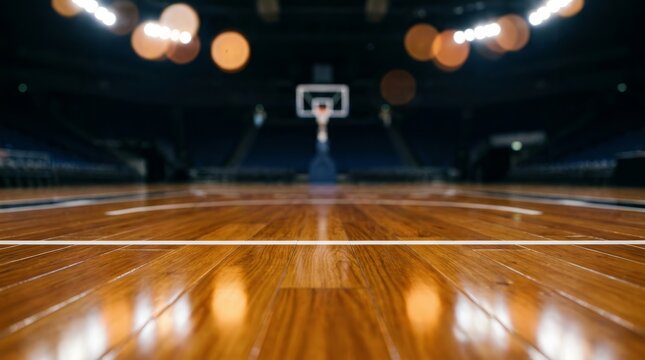 Empty indoor basketball court with a polished hardwood floor and bokeh lights.