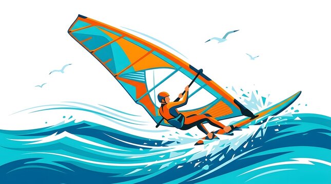 Dynamic illustration of a windsurfer speeding across ocean waves